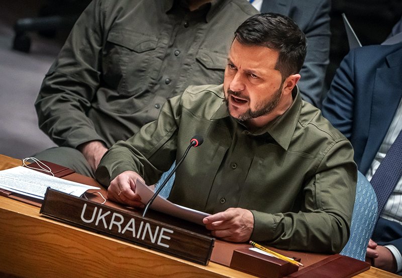 20 September 2023, USA, New York: Volodymyr Selenskyj, President of Ukraine, attends the UN Security Council meeting on Ukraine. During the United Nations (UN) General Assembly, the body deals with the situation around the Russian war of aggression in Ukraine. Photo: Michael Kappeler/dpa
